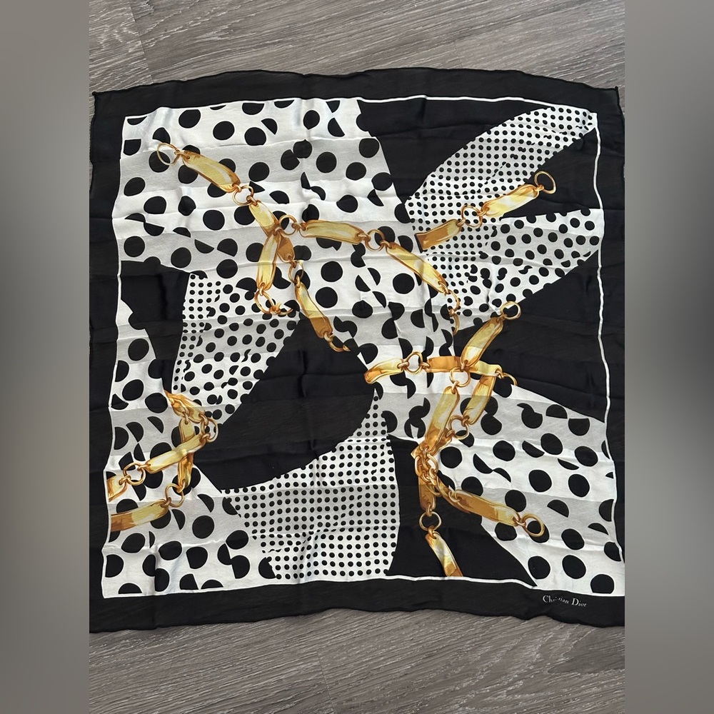 Vintage Christian Dior Small silk Scarf 22 x 22 Inches Black & Gold Chain scarf